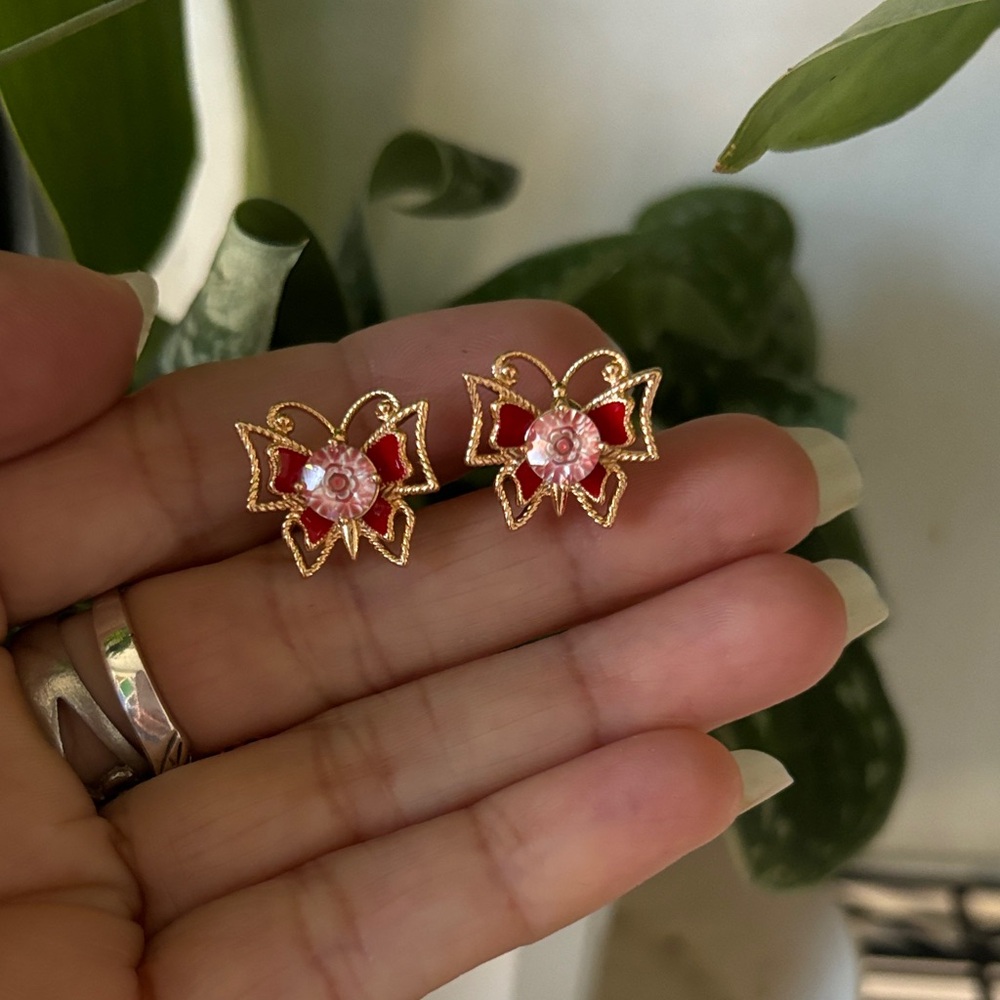 Gold-Tone Red Floral Butterfly Stud Earrings - Picture 3 of 3
